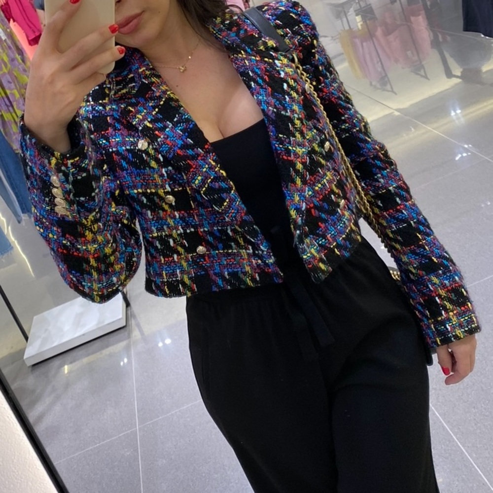Cropped Multicolor Tweed Jacket - Black Multicolor